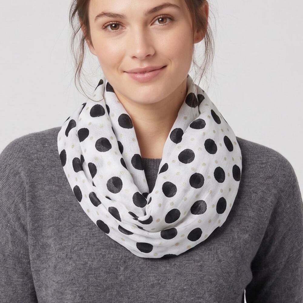 Cato One Size Infinity Scarf Polka Dot White Gold Black 19" x 66"